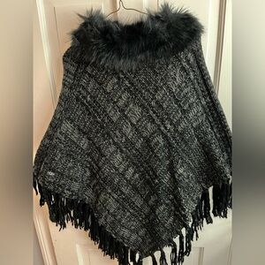 UGG Charcoal Knit Poncho with Faux Fur Trim
